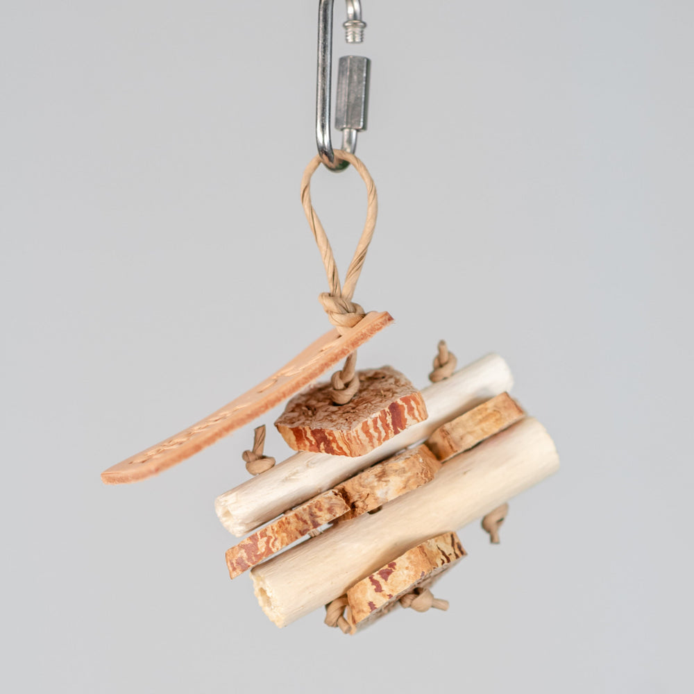 Jute Bite tiny chunky bird toy made from jute logs and mahogany for small parrots