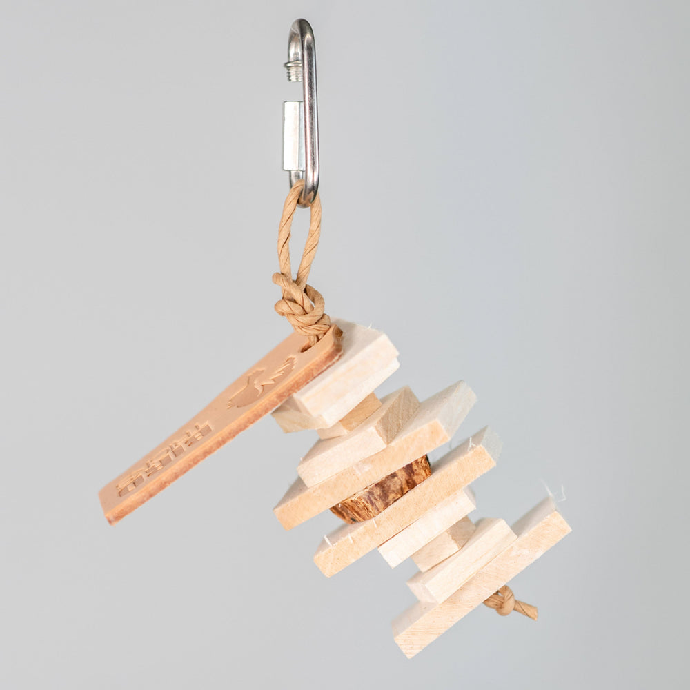Balsa Crunch Stack bird toy – tiny chunky balsa chew toy with mahogany pod for extended shredding fun