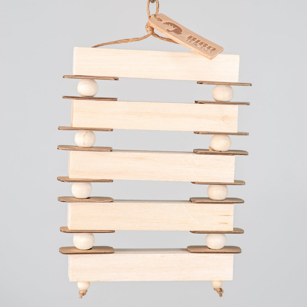 Balsa Ladder medium chunky bird toy with balsa rungs, pine beads, and cardboard for climbing, shredding, and chewing