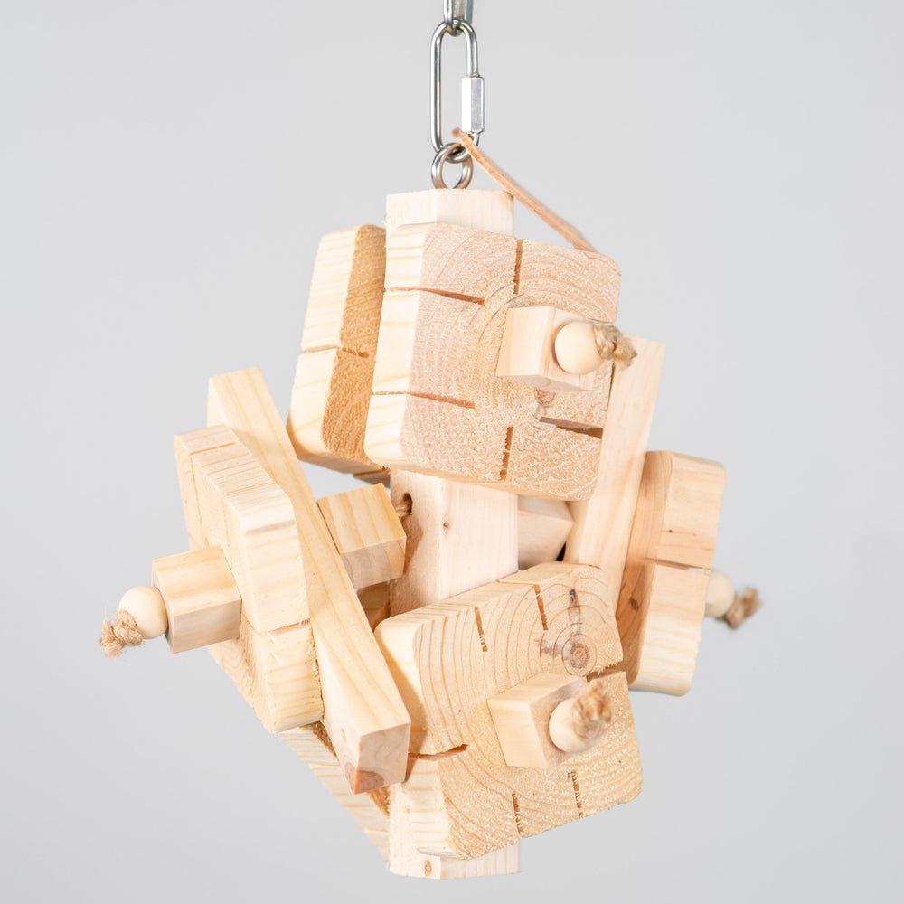 Block Buster large chunky bird toy with heavy-duty untreated pine wood blocks and metal loop for beaks who enjoy crunching and chewing for hours
