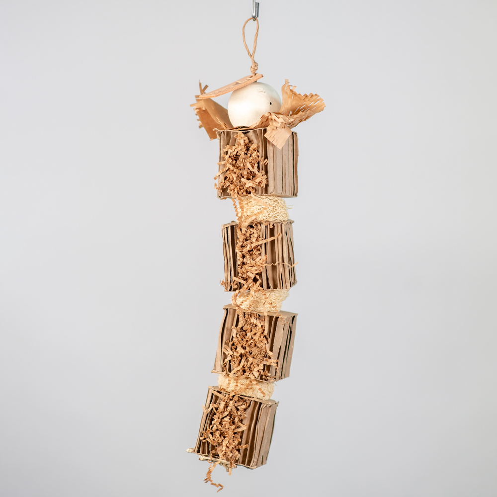 Cardboard Cruncher large foraging bird toy with cardboard layers and loofah sponge for shredding, chewing, and enrichment