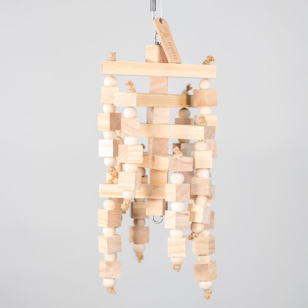 Chomp O’Clock large chunky bird toy with untreated pine wood blocks in a swinging vertical mobile for chewing and destruction