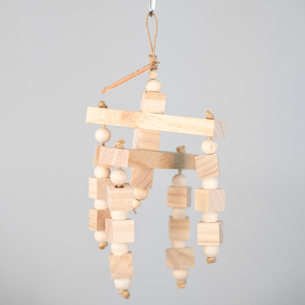 Chomp O’Clock medium chunky bird toy made from untreated pine wood, swinging design for chewing and crunching