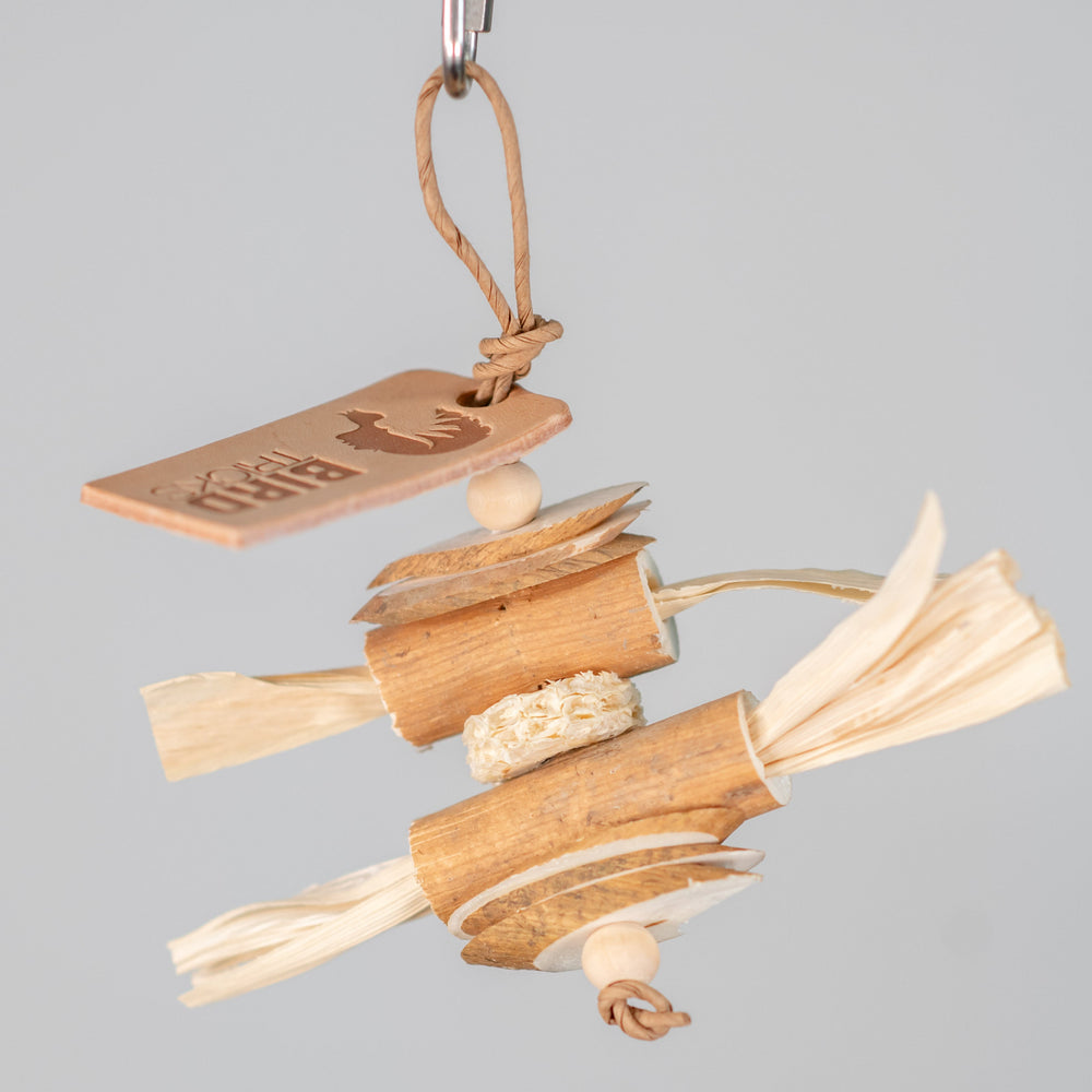 Corn Husk Forager bird toy – tiny foraging toy with corn husk, corn cob, and assorted woods for shredding, chewing, and interactive play