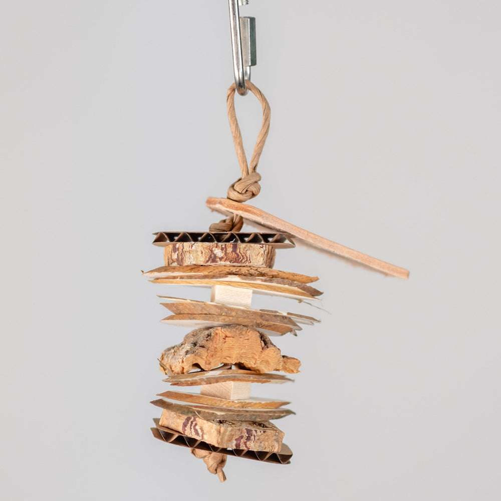 Crunch N' Chew Kabob bird toy – tiny chunky toy with cardboard, mahogany, balsa, sola chips, and cork for interactive chewing fun