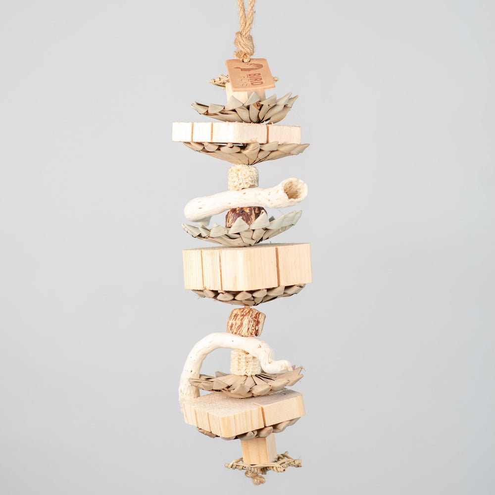 Gobi Garden Party large chunky bird toy with pine wood, mahogany pods, palm leaf, and gobi tail textures for destructive large parrots