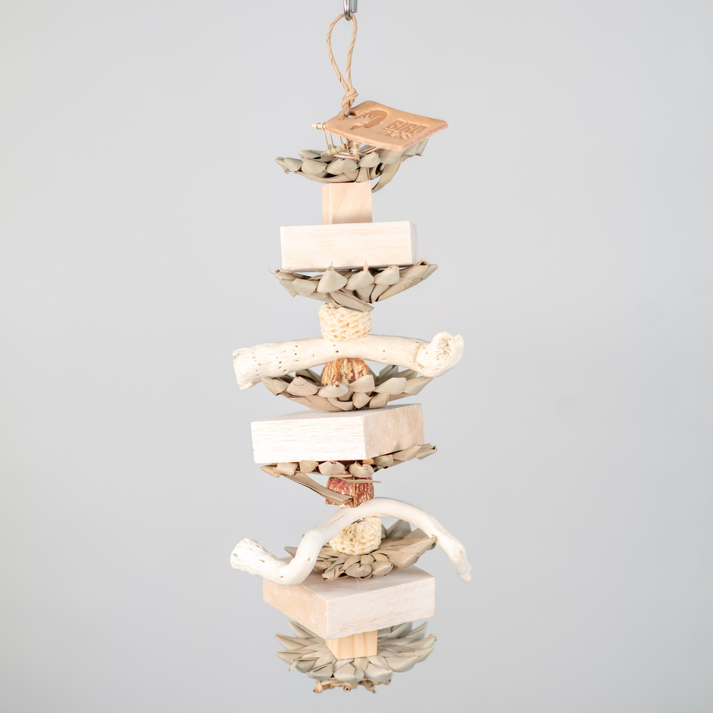 Gobi Garden Party medium chunky bird toy with balsa, palm leaves, and gobi tail for shredding, chewing, and enrichment