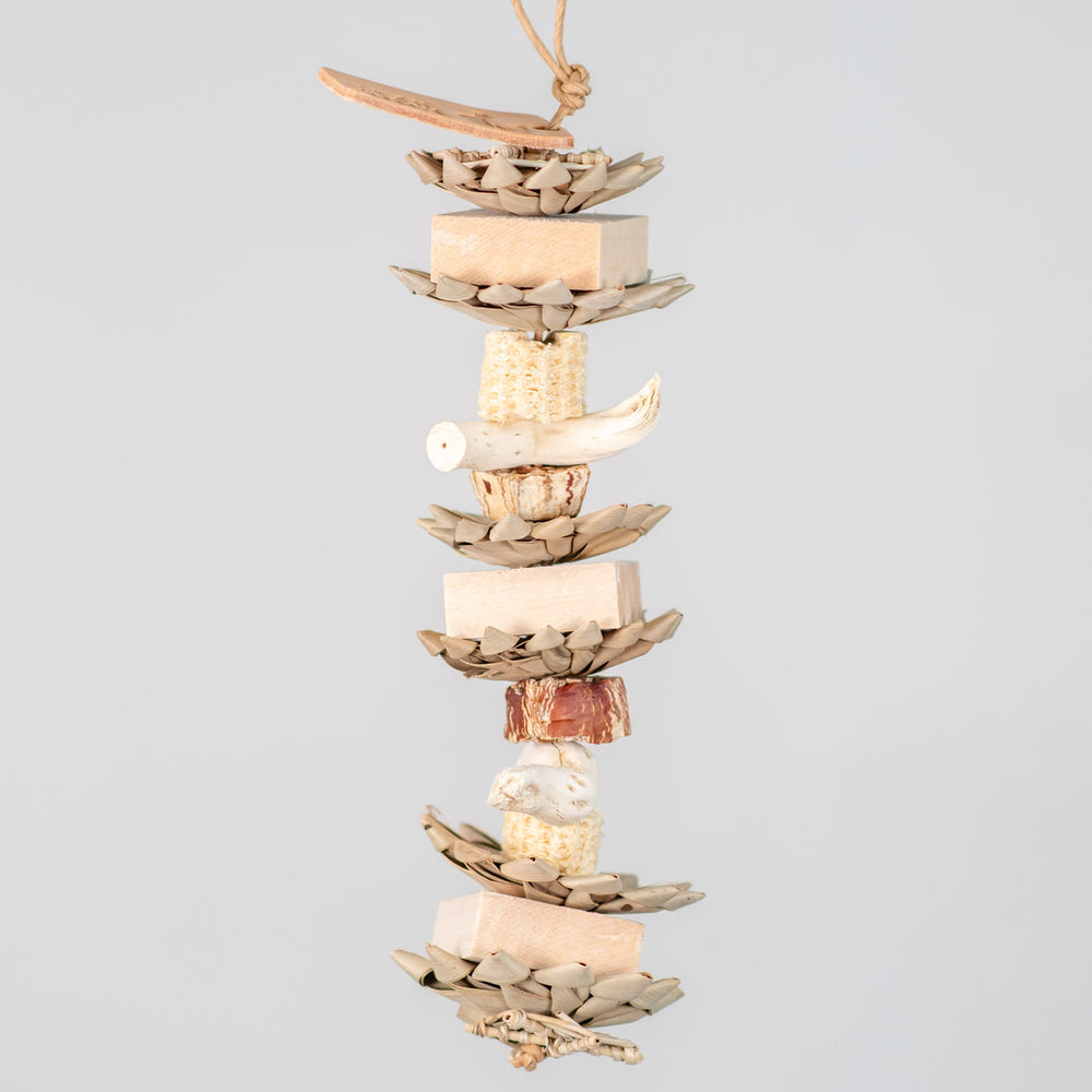 Gobi Garden Party small chunky bird toy with palm leaf, balsa, gobi tail, and natural textures for chewing and shredding