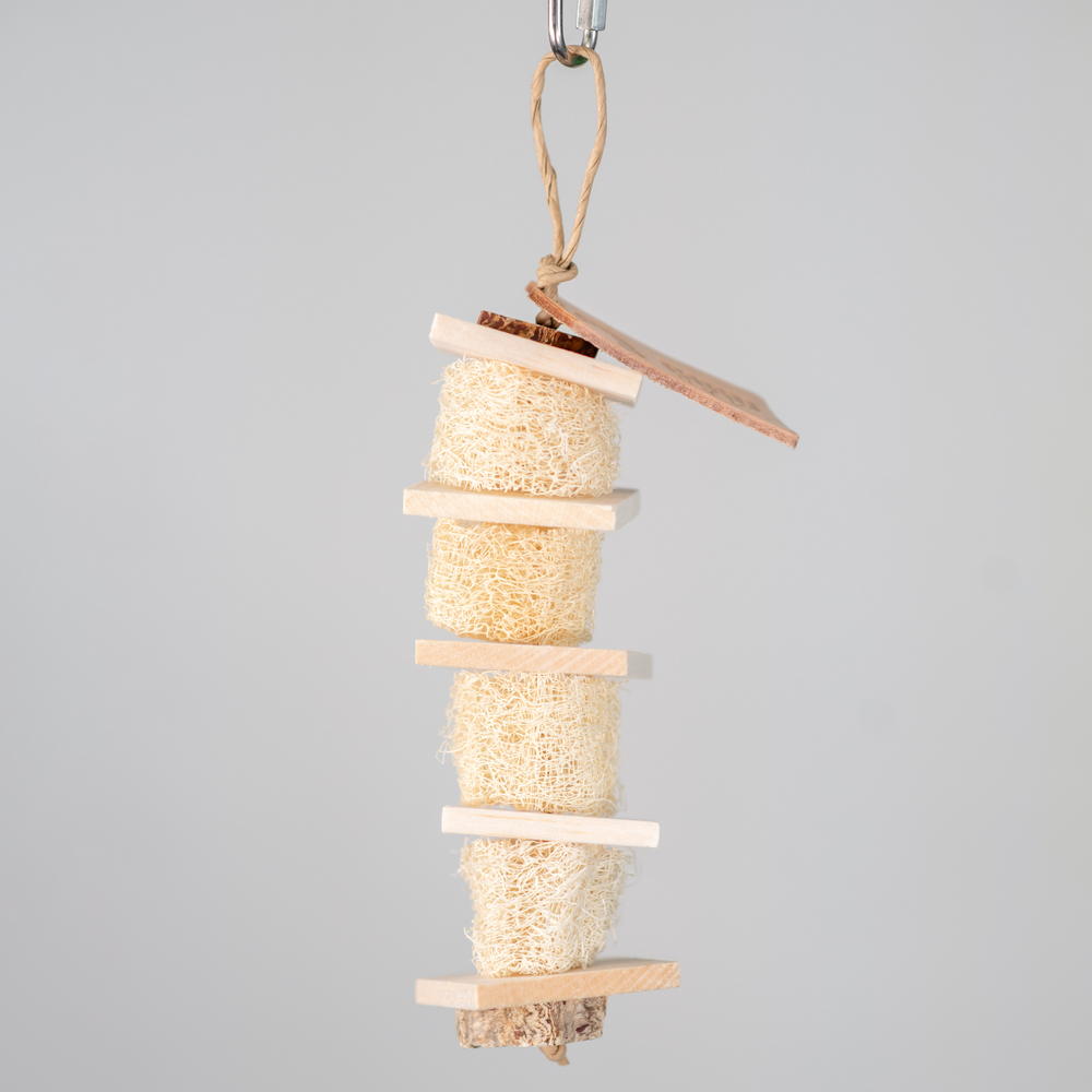 Loofah Forager medium foraging bird toy with loofah and balsa for mental and physical enrichment