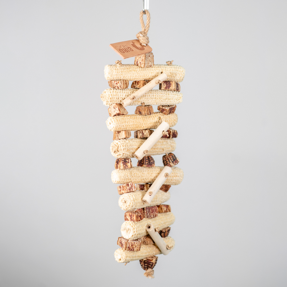 Mega Corn Crunch large bird toy with multiple dried corn cobs and mahogany slices for parrots who love to crunch and chew