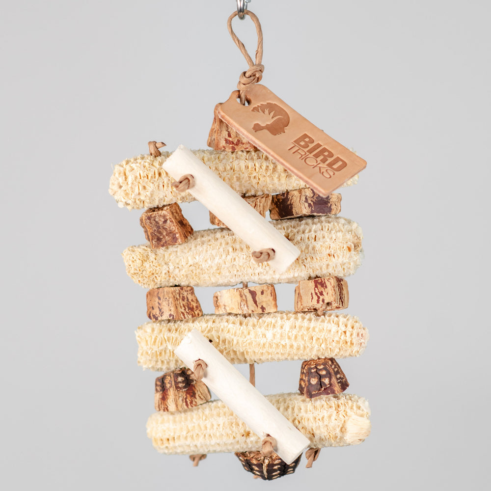 Mega Corn Crunch medium chunky bird toy with natural corn cobs and mahogany slices for that perfect crunch
