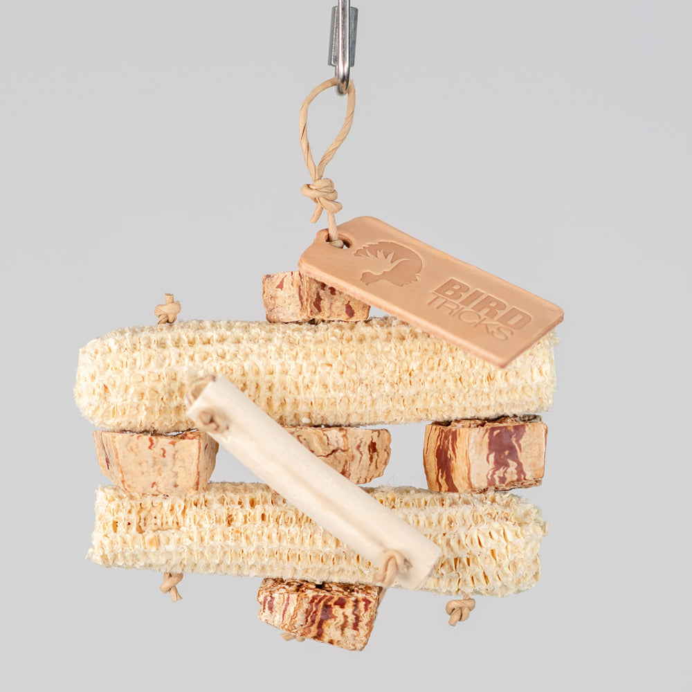 Mega Corn Crunch small chunky bird toy with corn cob and mahogany slices for tough chewing and treat foraging