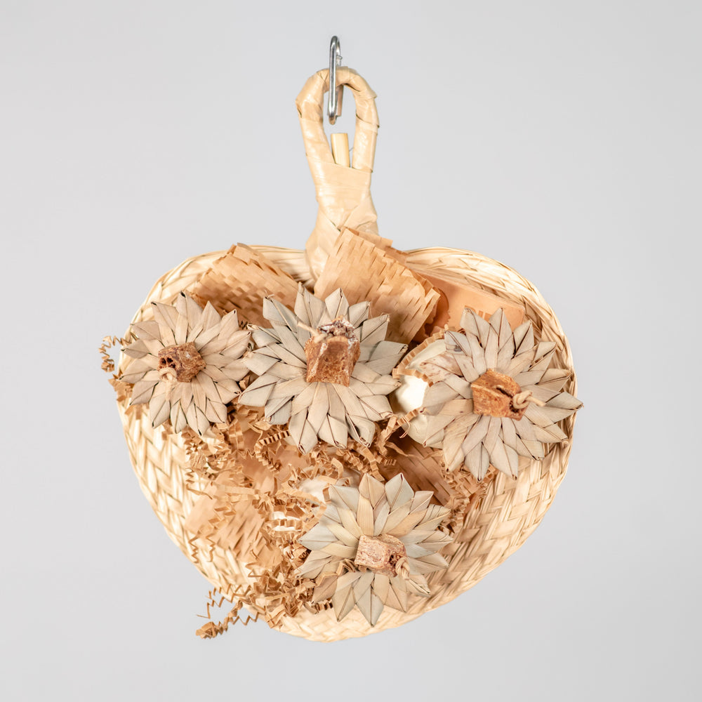 Palm Fan Forager large bird toy with palm leaf fan and refillable pod cups filled with crinkle paper for shredding and treat hiding