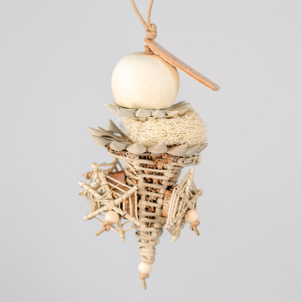 Palm Flower Bouquet medium foraging bird toy with palm flowers, bael pods, loofah sponge and vine cone for treat-hiding and enrichment