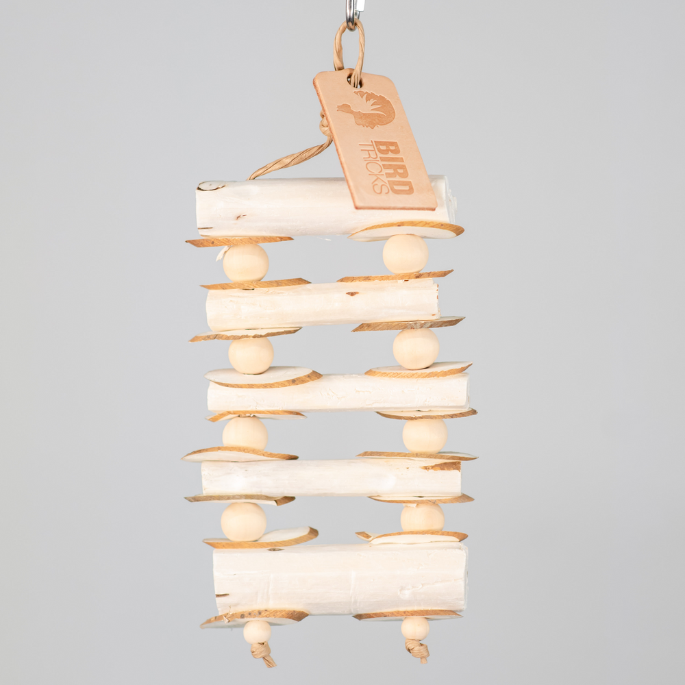 Rising Nibbler small chunky bird toy with sola rungs and pine beads for gentle chewers and timid parrots