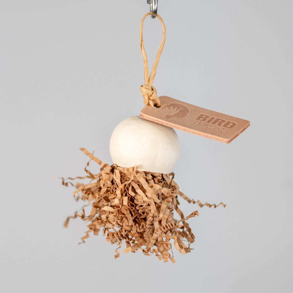 Shreddy Spaghetti bird toy – tiny shreddable toy with Bael pod and natural fibers for preening, feather health, and tactile enrichment