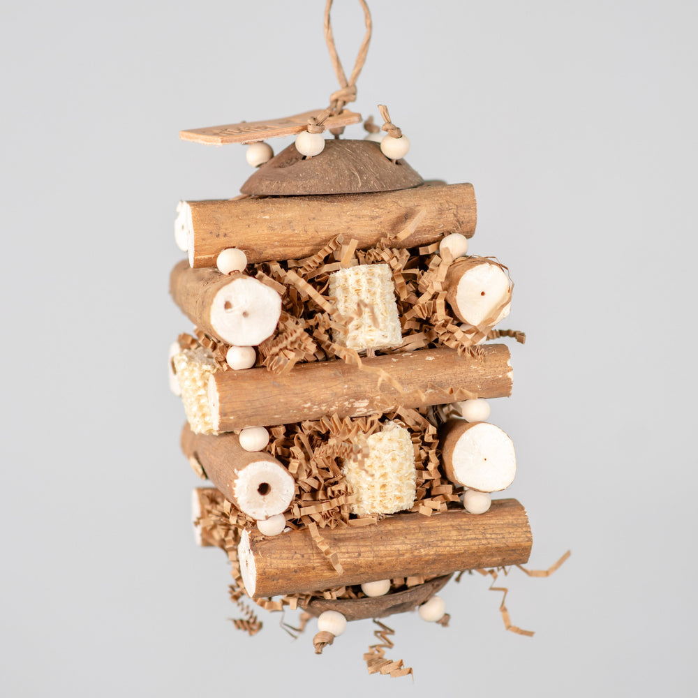 Sola Cabin medium foraging bird toy with sola logs, corn cob, coconut shell, and crinkle paper for engagement and enrichment