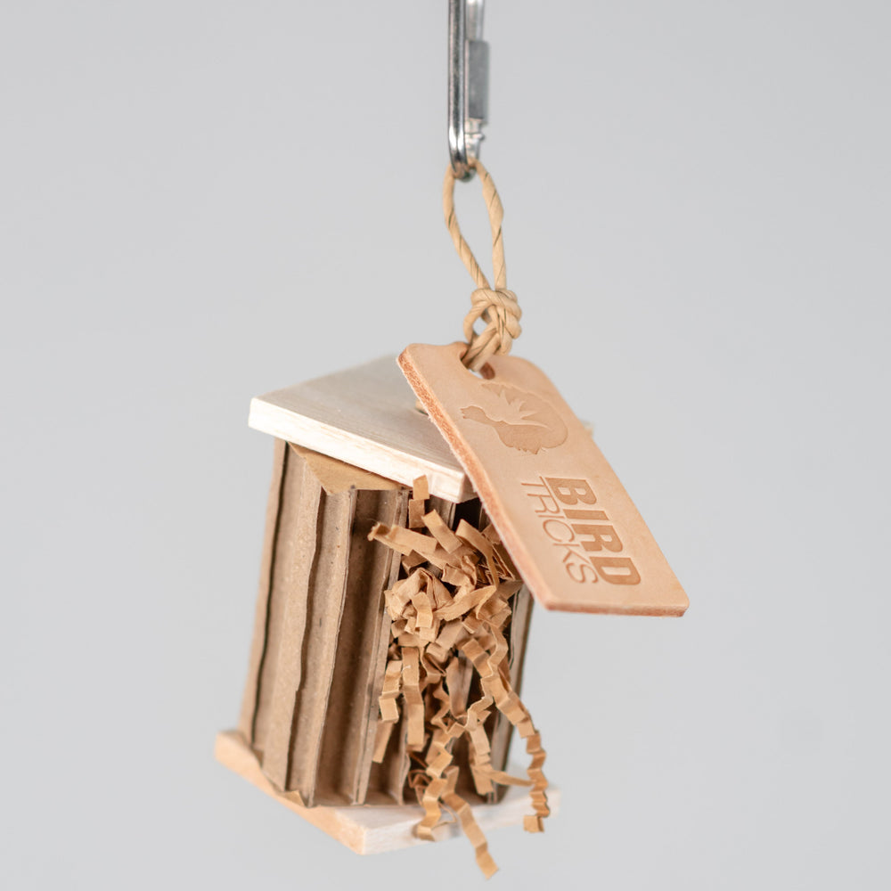 Cardboard Cruncher bird toy – tiny foraging toy for parrots with shredding and treat-hiding fun